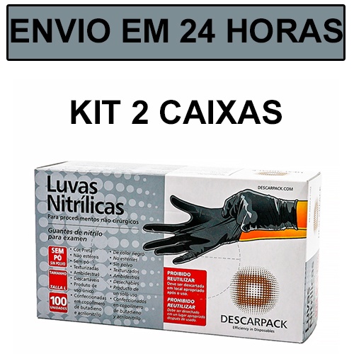 KIT 2CX LUVA NITRILICA SEM PÓ PRETA - P/M/G - Cx C/100 UND - DESCARPACK