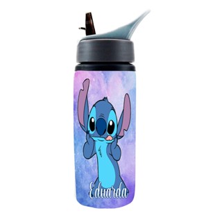 Garrafa de água Alumínio Personalizado Stitch - coloque seu nome - escolar - squeeze - garrafinha de água - infantil - bico retrátil