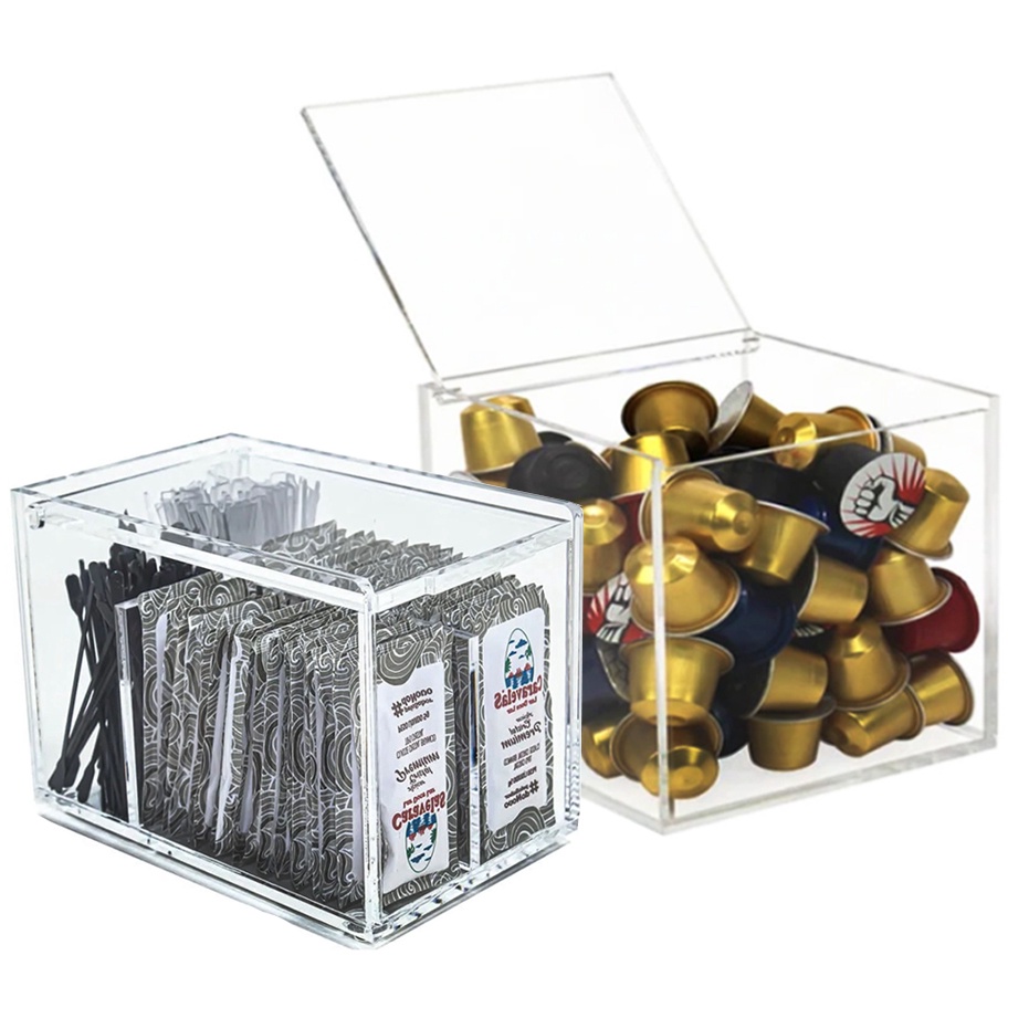Kit Porta Açúcar Organizador de Sachês Com Divisórias 4 Compartimentos e Tampa Articulada + Caixa Cubo Acrílico Premium porta Cápsulas Nespresso /Dolce