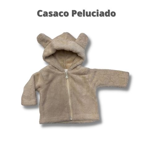 Casaco Fleece Bege com capuz e ziper. Casaco infantil peluciado. Tamanho do P até 6 anos.