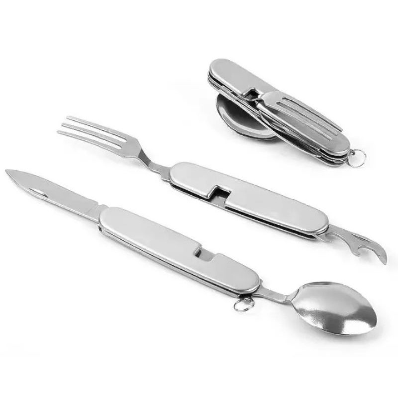 kit de sobrevivência canivete garfo colher abridor 4 em 1 tudo em inox escovado anto ferrugem para pesca camping piquenique escalada montanhismo escoteiro aventura