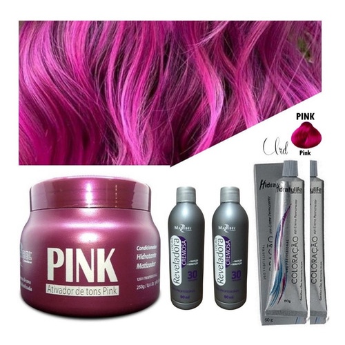 Kit Coloração Pink Rosa 1 Matizador 250 gr + 2 Tintas + 2 Ox 90 ml 20 vol