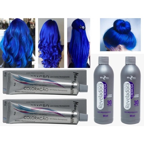 2 Colorações de Cabelo Azul Royal Hidratylife + 2 Ox 30 Vol 90ml Mairibel em Oferta na Shopee