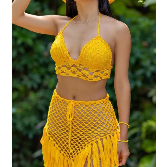 conjunto de crochê com franja/ top e saia/ top de crochê/ croppd/ saída de praia/top