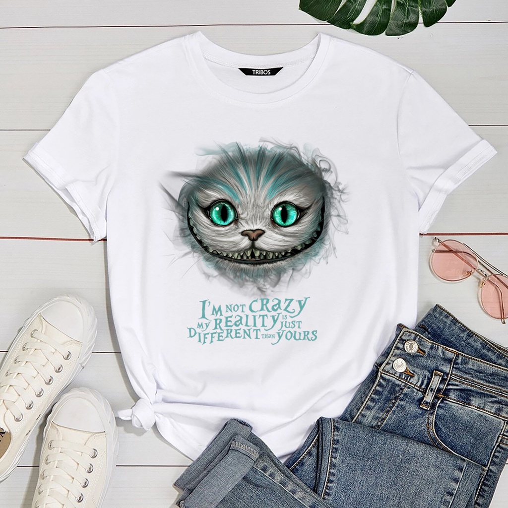 Blusa Feminina Gato Alice Pais Maravilhas  Blusa estampada Branca de Malha