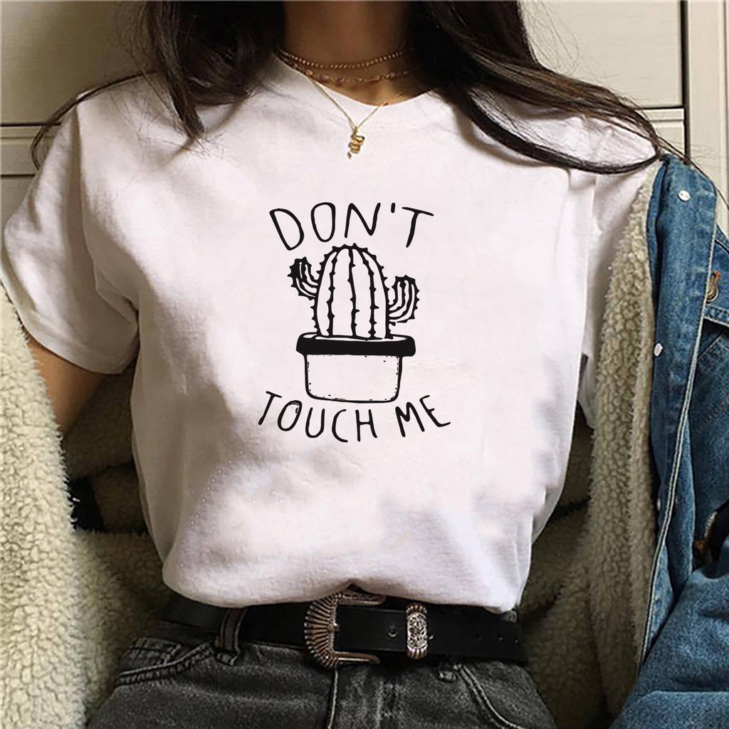 Camiseta feminina branca Ilustração Cacto no vaso "Don't touch me" branco Branca de malha