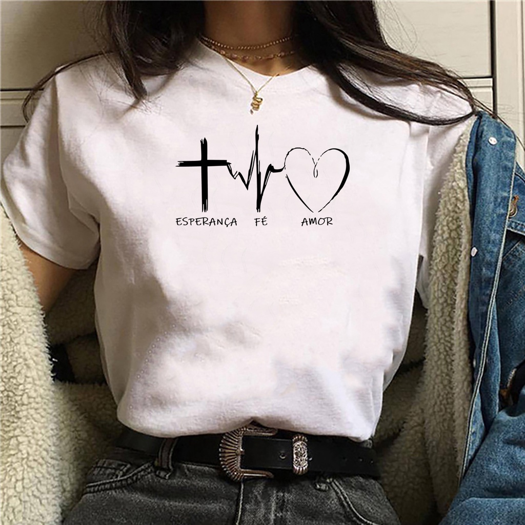 Camiseta feminina branca Arte minimalista Cruz batimento coração "esperança fé amor" Branca de malha