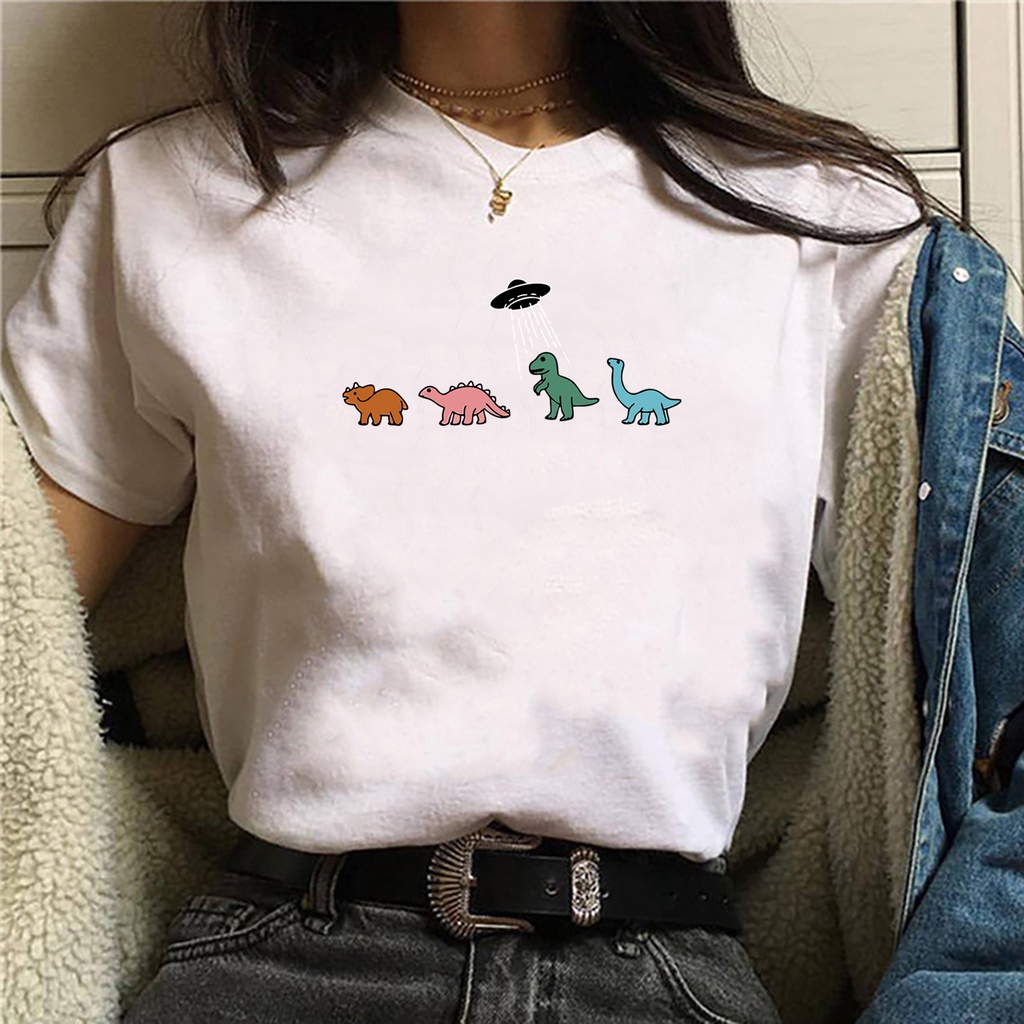 Camiseta feminina branca Arte ilustração fofa colorida Dinossauros abduzidos Branca de malha