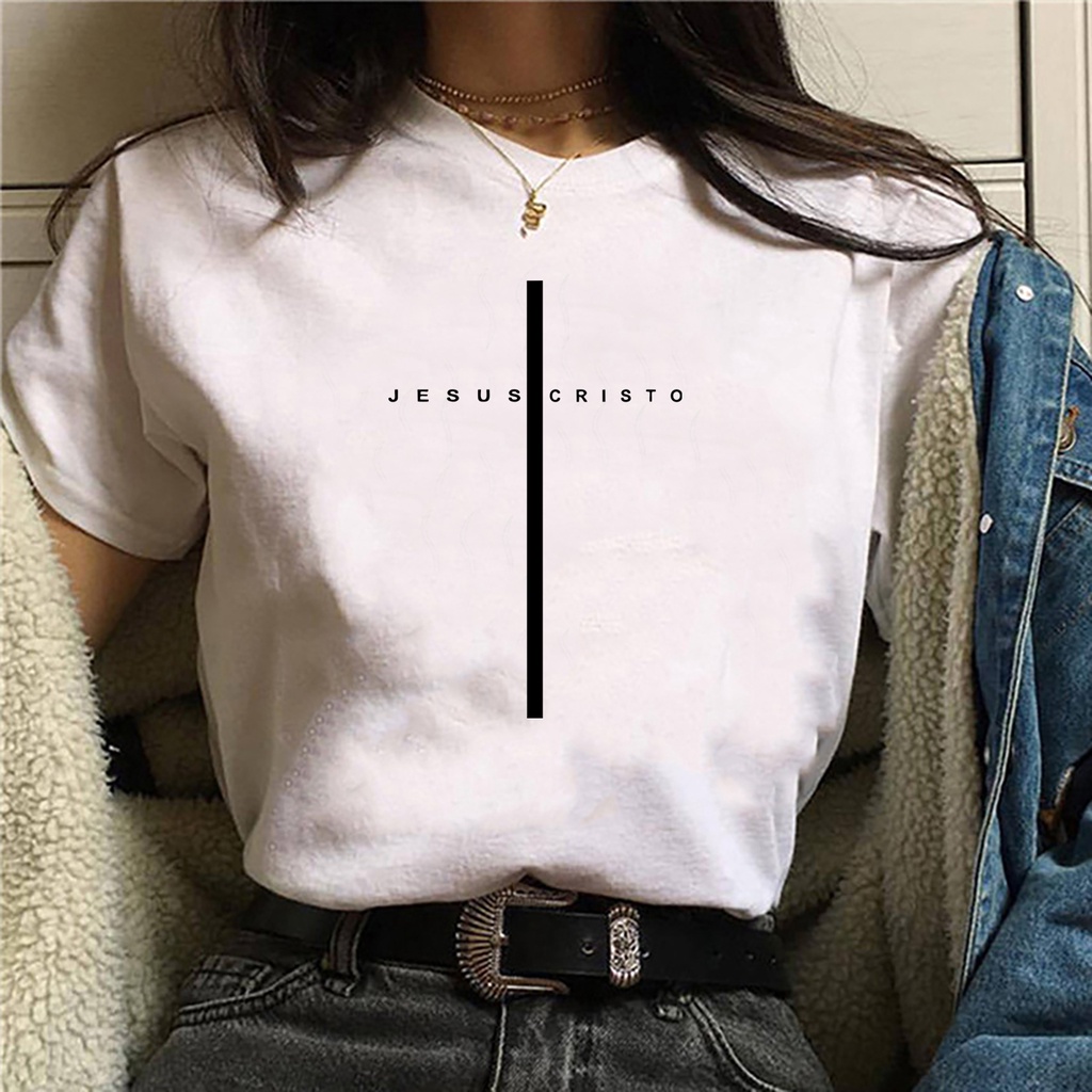 Camiseta feminina branca Arte minimalista Cruz Jesus Cristo branca Branca de malha