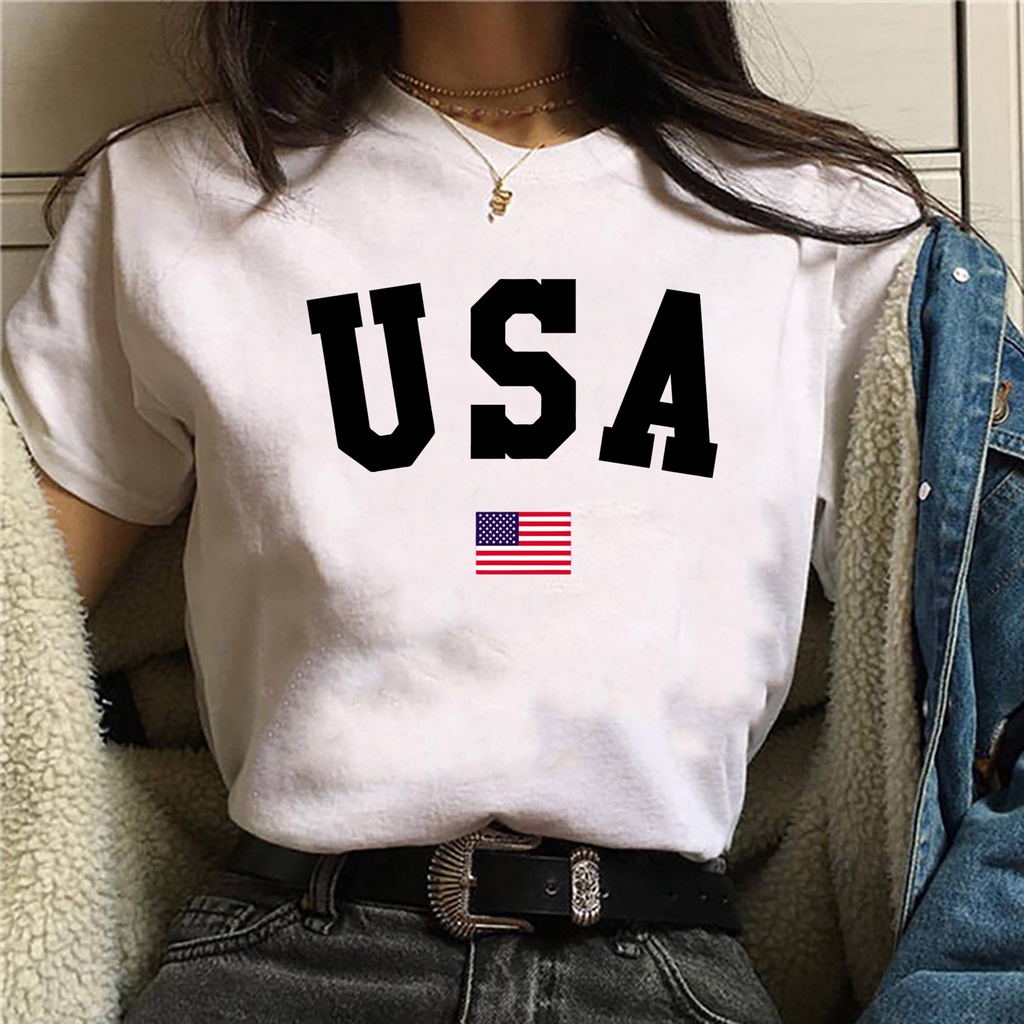Camiseta feminina branca Arte ilustração "USA" bandeira Estados Unidos Branca de malha