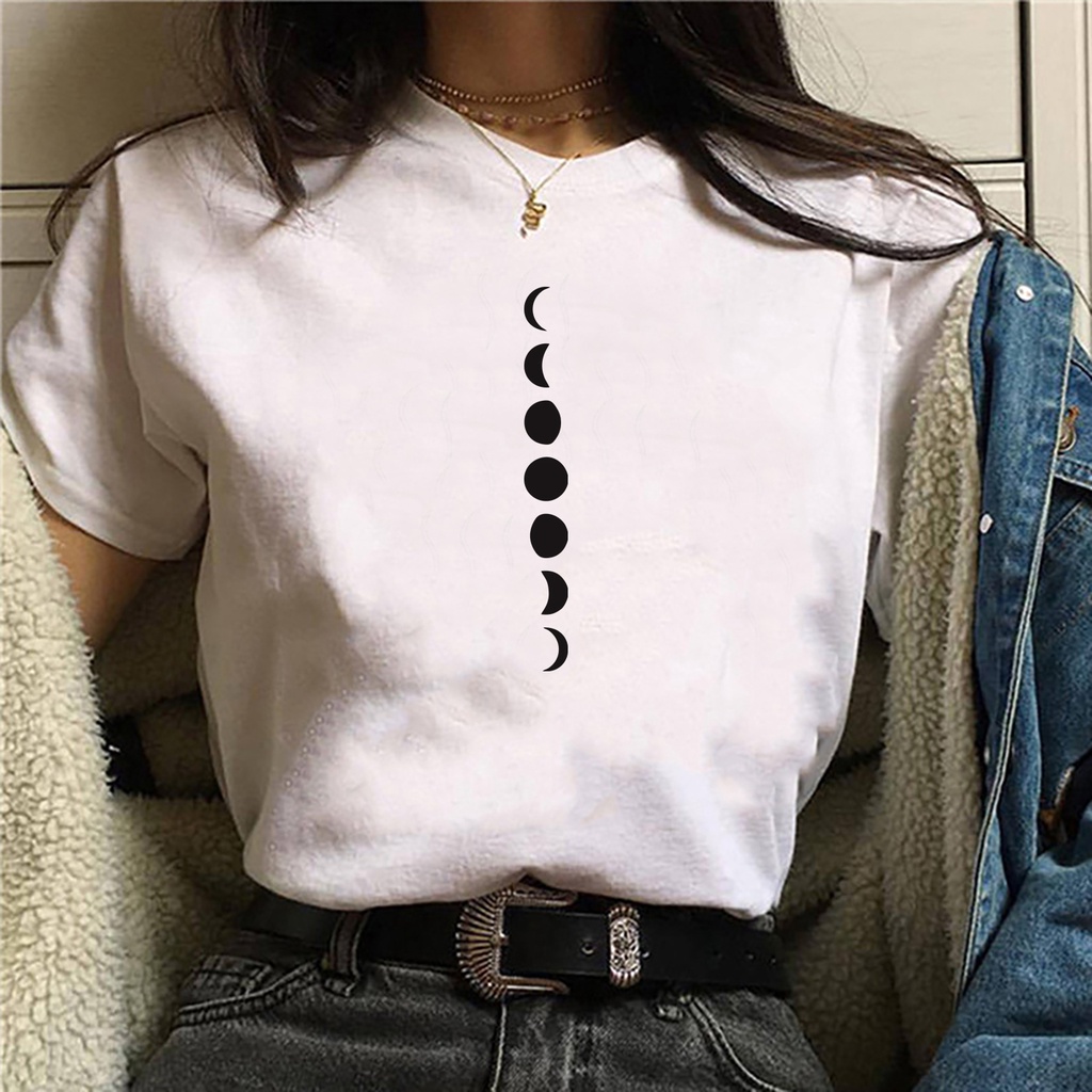 Camiseta feminina branca Arte minimalista fases da lua Branca de malha