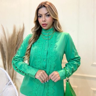 Camisa manga longa feminina com gola na frente com renda modas JN3211