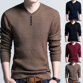 Pullover Slim Fit Blusa De Malha CERA-Chic Men Cor Sólida Gola V Manga Longa Suéter