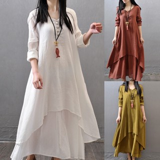 Cn-Women Cotton Linen Assimétrico Grande Botão De Baloiço Solto Manga Longa Maxi Vestido