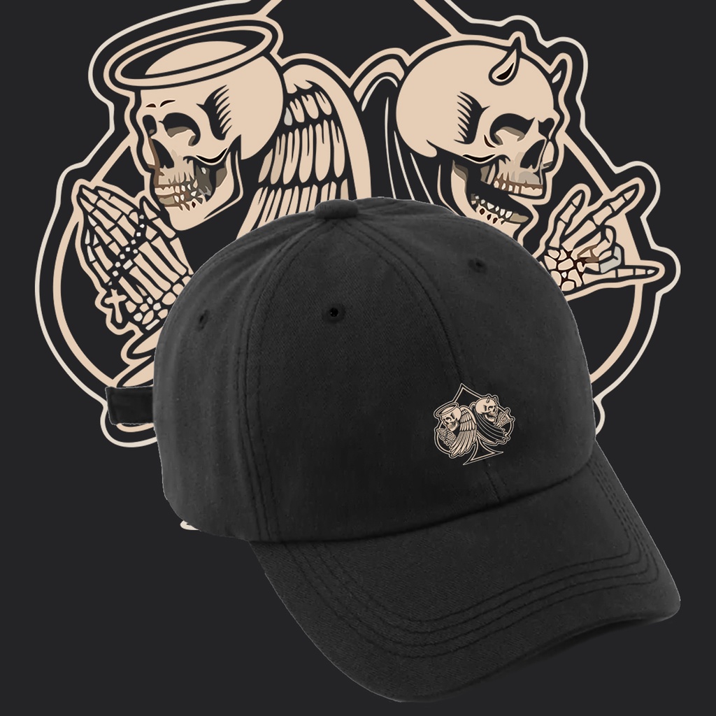 bone baseball masculino As de Espadas Duas Caveiras Esqueletos Anjo e Demonio