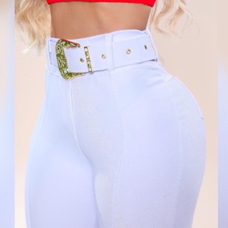 Calça legging Pop Modas malha pop com cinto fivela dourada