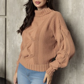 Blusa tricot gola boba manga bufante com detalhe moda 2023