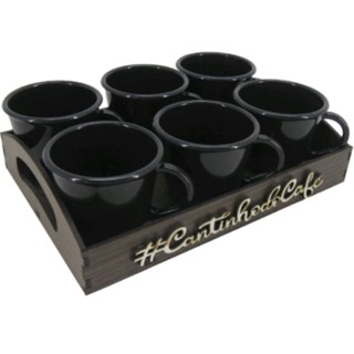 KIT 6 XÍCARAS ACRÍLICA PRETA COM BANDEJA CONTINHO DO CAFÉ