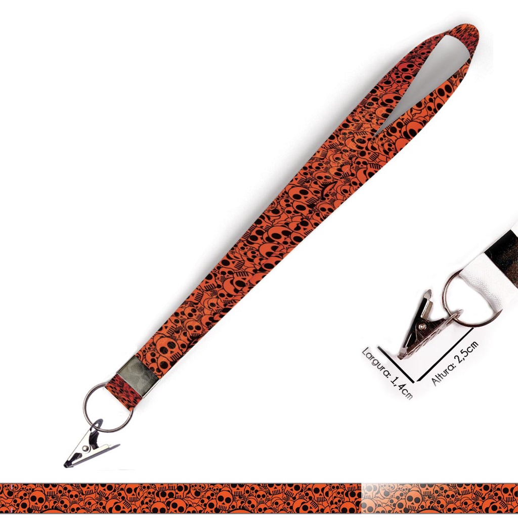 Cordão personalizado Caveira Mexicana Laranja para Crachá com Jacaré e Argola
