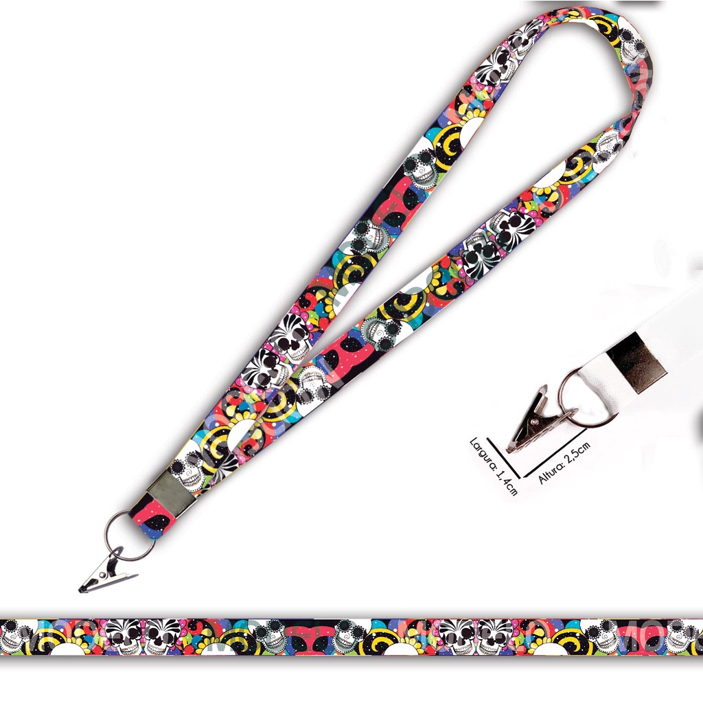Cordão personalizado Caveira Mexicana para Crachá com Jacaré e Argola