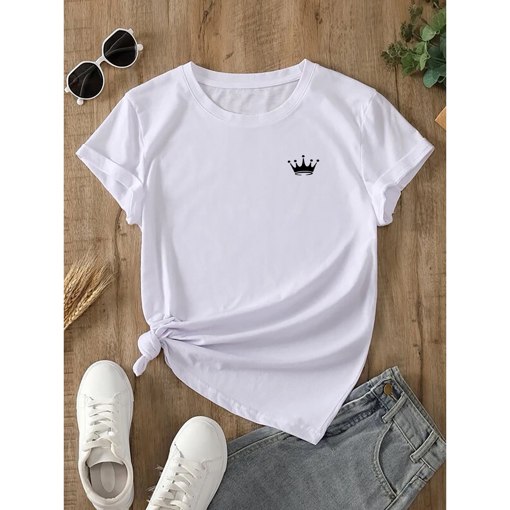 Camiseta Feminina Branca Algodão Coroa Branca Minimalista