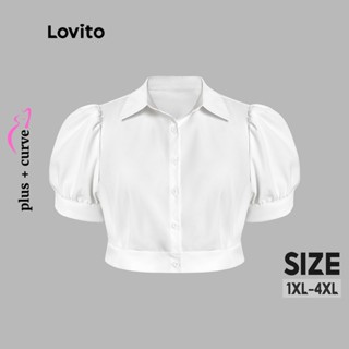 Lovito Plus Size Blusa Feminina Curvas Casual Lisa Com Mangas Bufantes E Botão LPS07014 (Branca)