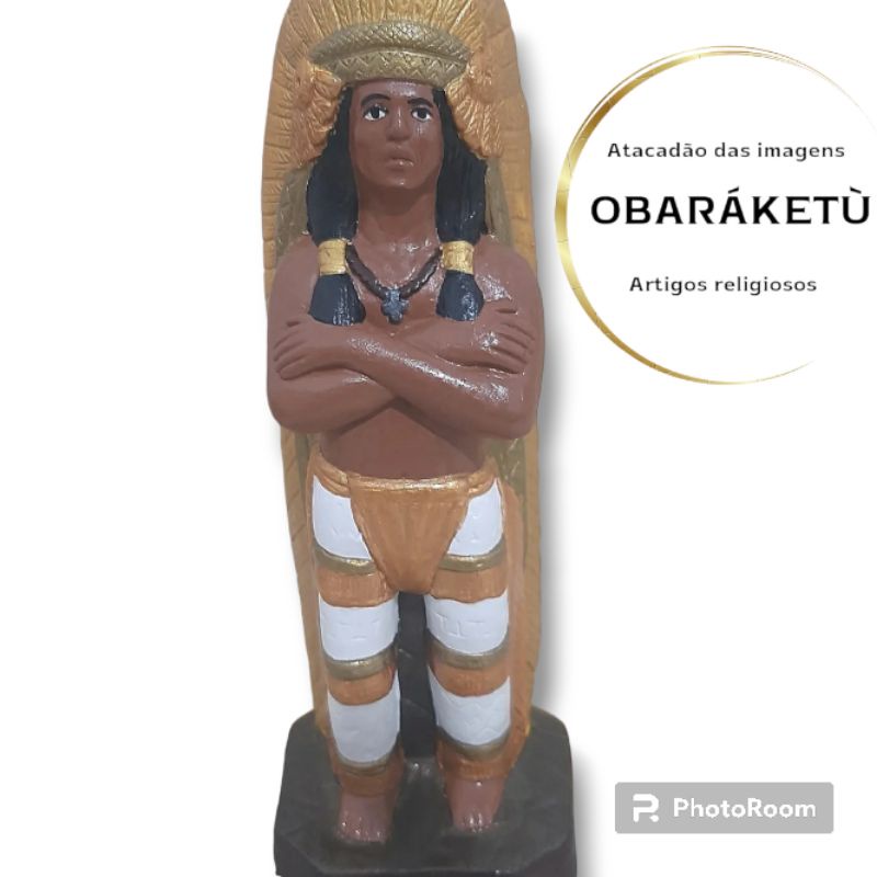 Imagem Caboclo Pena Dourada Escultura Gesso Estatua 20 Cm