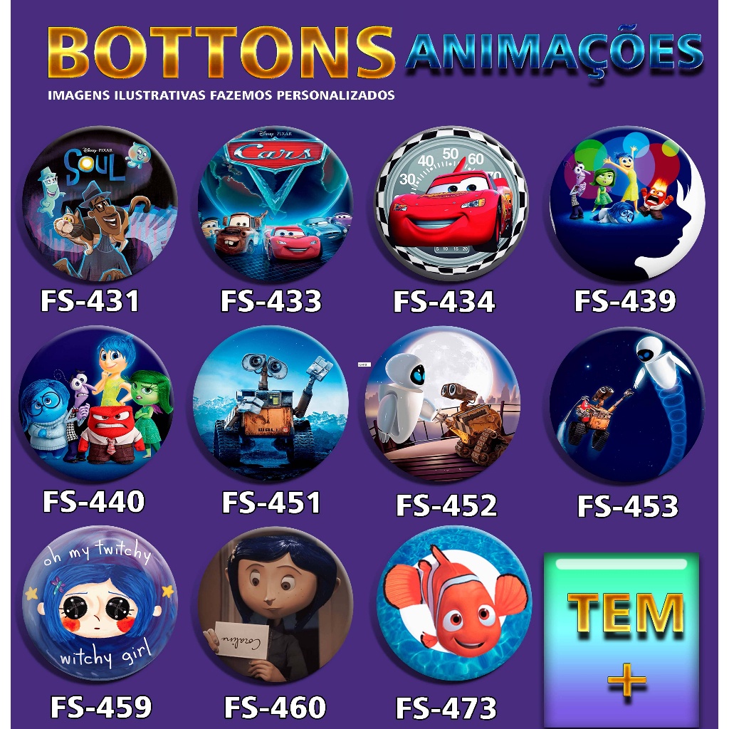 Bottons de ANIMAÇÕES " parte 2 " Botton 3,8cm soul bottoms para mochila carros o filme bottom wall-e boton procurando nemo dory boton minions broche alfinete encanto button coraline pinguins de madagascar homem aranha no aranha verso divertidamente