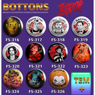 Bottons PERSONAGENS DE TERROR "Parte 1" Botton 3,8cm bottoms para mochila filmes e jogos de terror bottom serial killers broche alfinete monstros buttom de assasinos