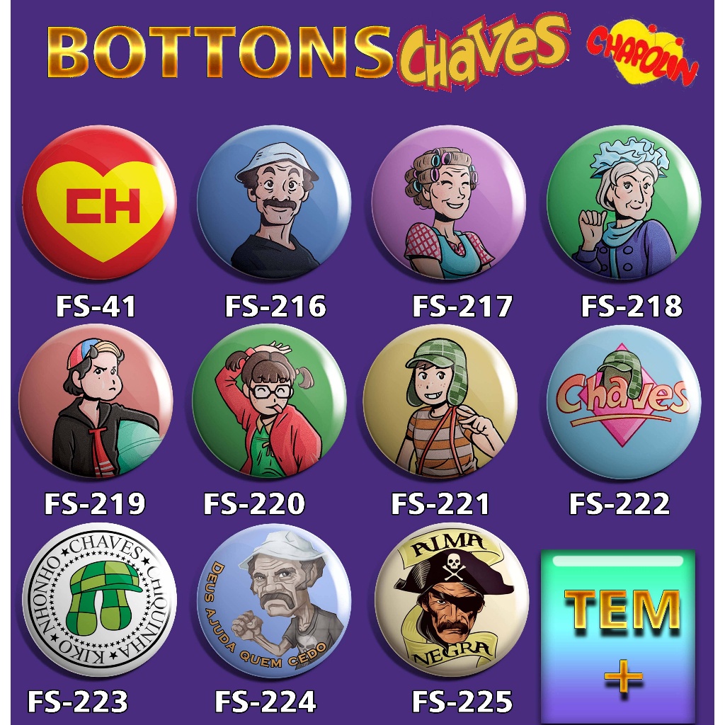 Bottons A TURMA DO CHAVES E CHAPOLIN COLORADO botton 3,8 cm bottoms do seu madruga para mochila, broche alfinete do kiko