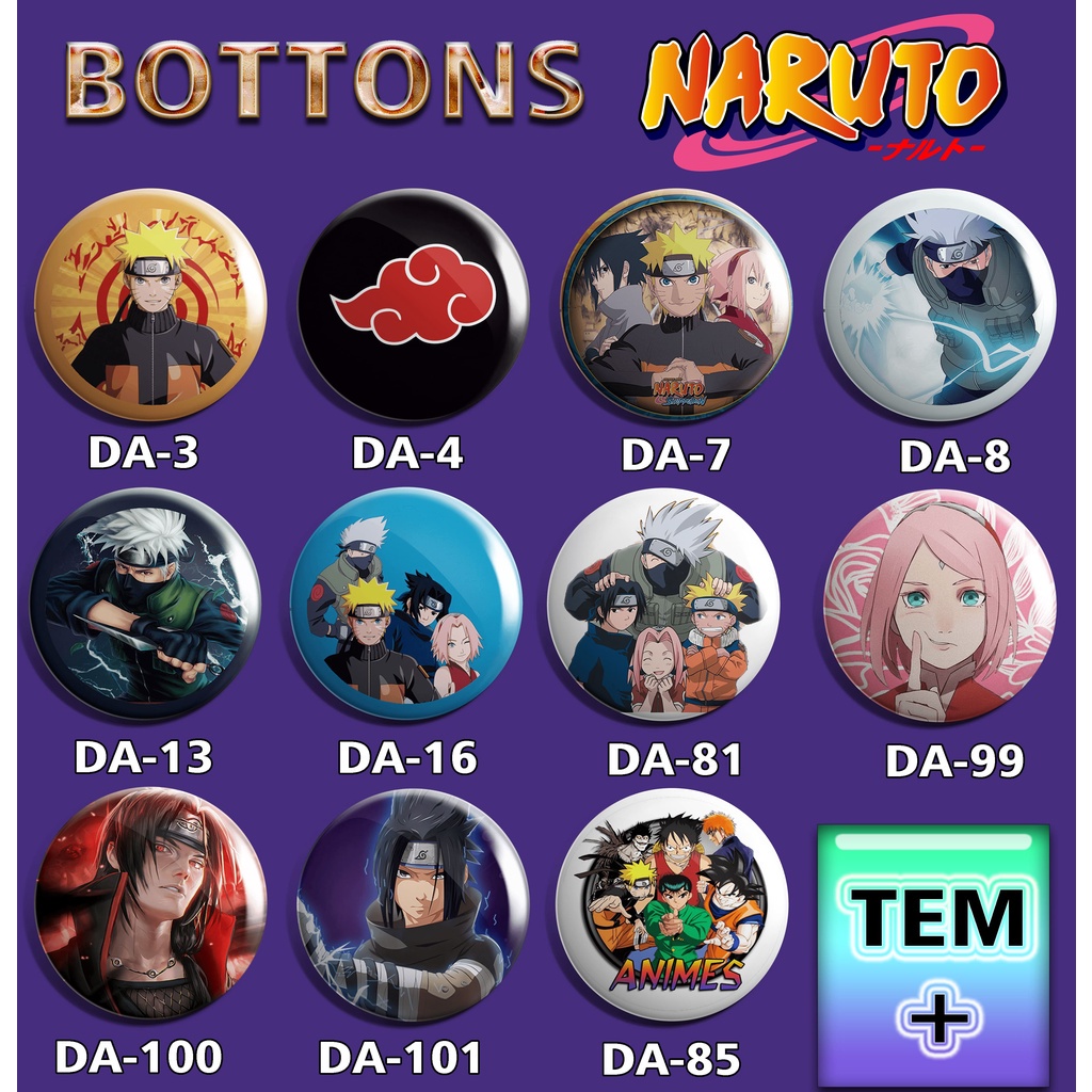 Bottons kit NARUTO CLASSICO E SHIPPUDEN Botons 3,5 cm botton sasuke botom sask bottom sakura itachi minato boruto botons de anime e desenho, desenhos e animes