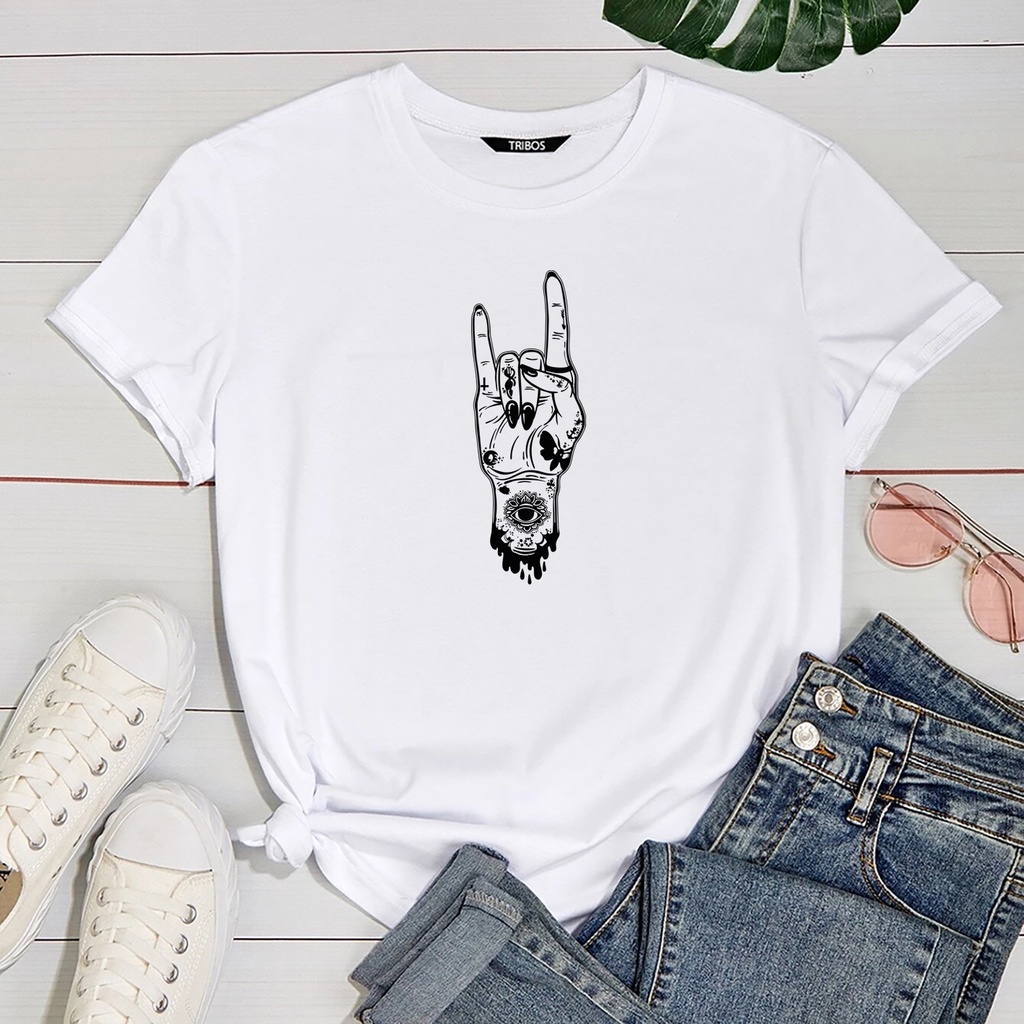 Blusa Feminina de malha Mão Rock Tatuada Swag Traços Brancos