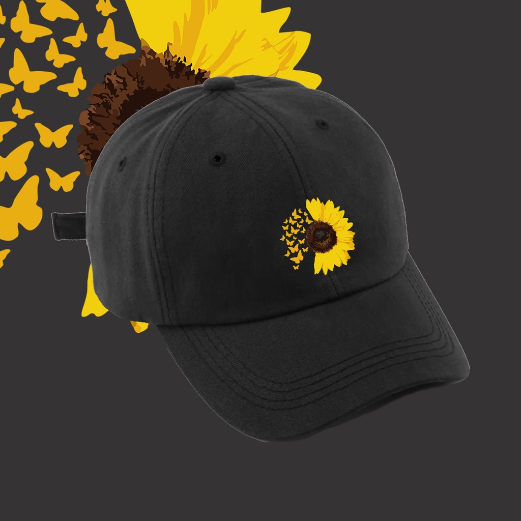 Bone baseball preto Desenho Flor Girassol Metade Borboletas