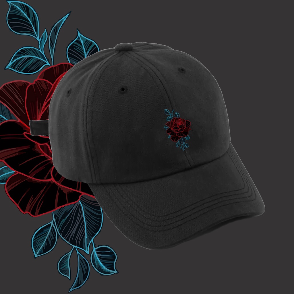Bone baseball preto Desenho Flor Rosa Vermelha Detalhada
