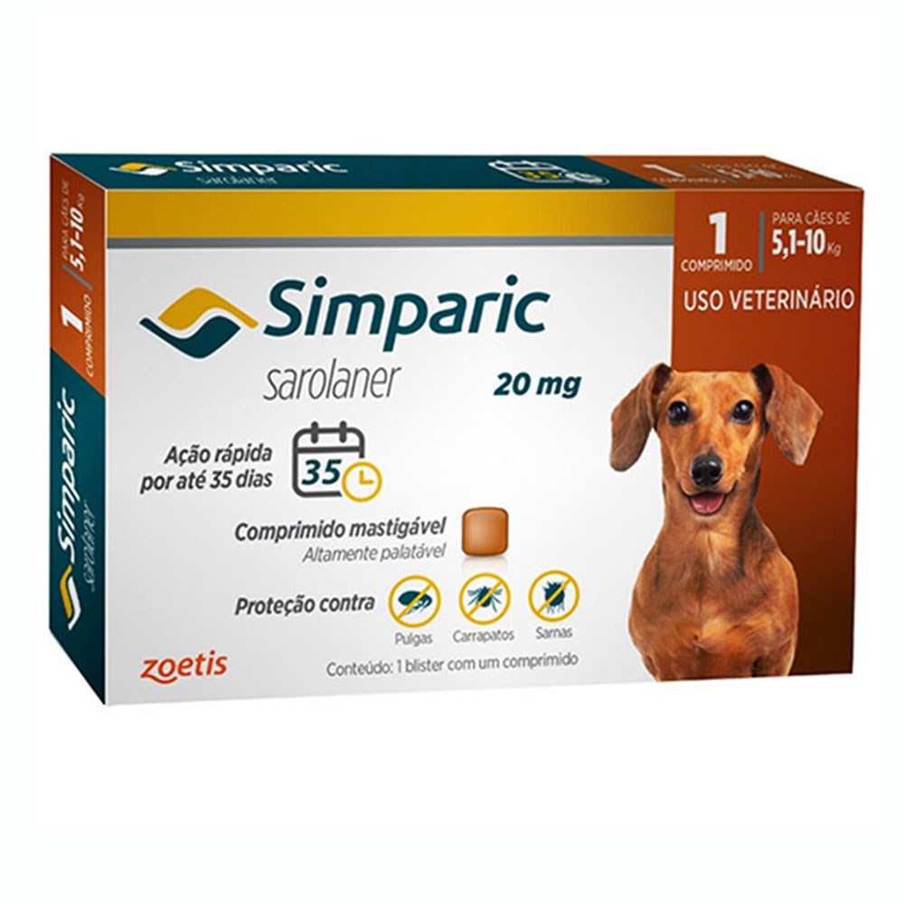 Simparic Antipulgas e Carrapatos 20mg para Cães de 5,1 a 10kg 1 Comprimido em Oferta na Shopee