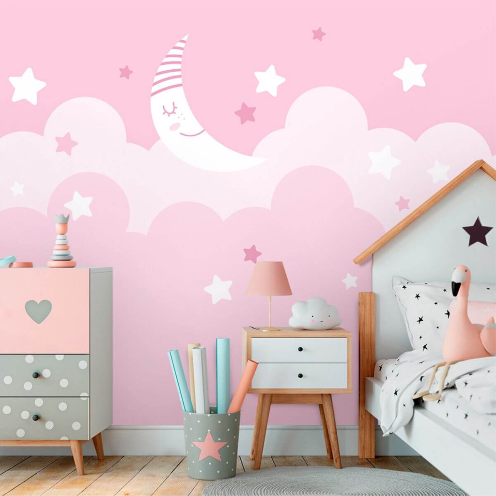 Papel de Parede Personalizado Lua e Estrelas em Rosa em Oferta na Shopee