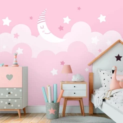 Papel de Parede Personalizado Lua e Estrelas em Rosa
