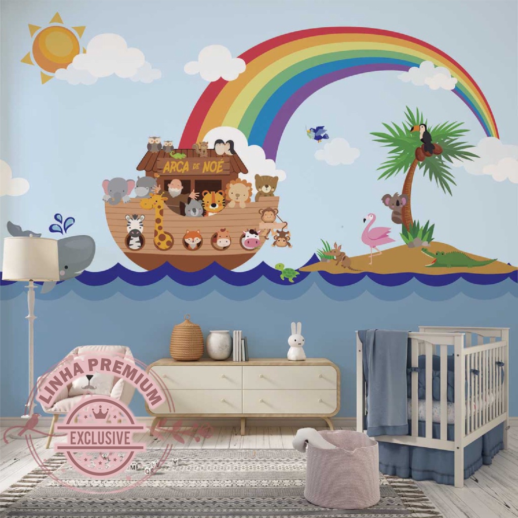 Papel De Parede Personalizado Arca De Noé Com Bichinhos Decoração Inove em Oferta na Shopee