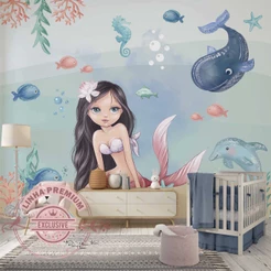 Papel de Parede Personalizado Menina Sereia Decoração Quarto de Menina Inove