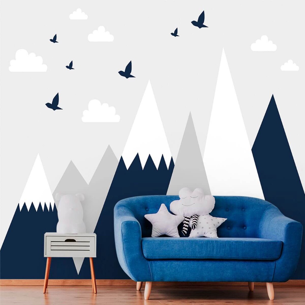 Papel de Parede Personalizado Montanhas Azul, Cinza e Branca - Home & Living