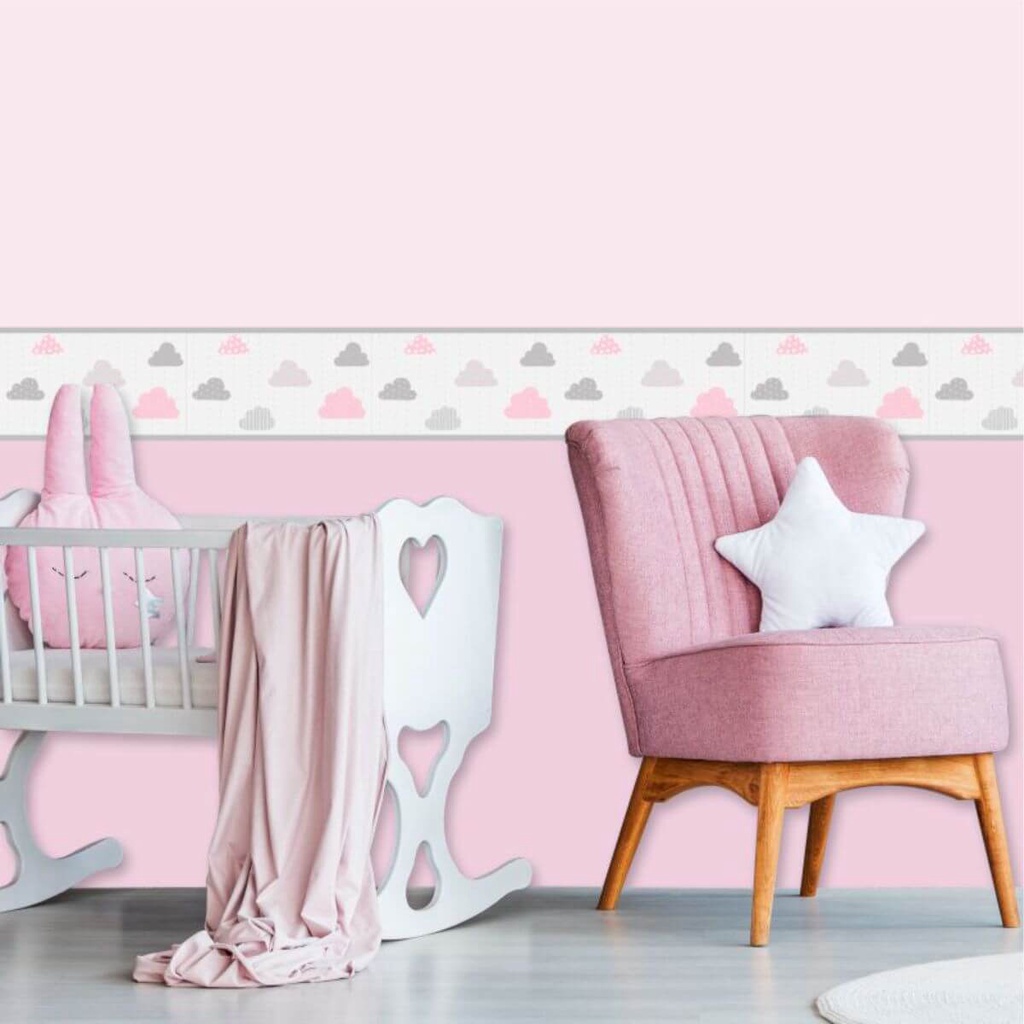 Kit 6 Unidades Faixa Decorativa Infantil Nuvens Cute Cinza E Rosa