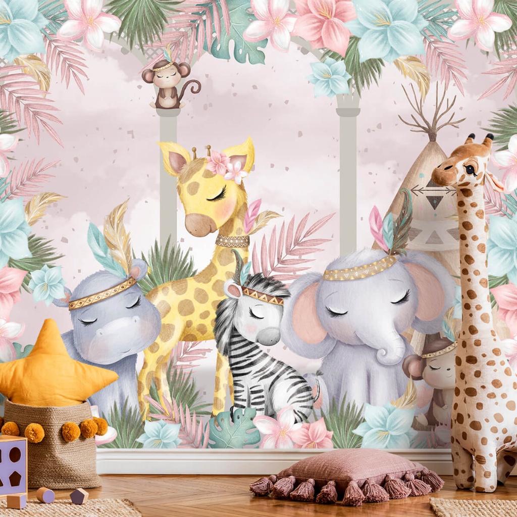 Papel de Parede Personalizado Safari Cute Com Flores Decoração Quarto de Menina Inove em Oferta na Shopee