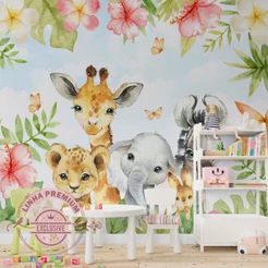 Papel De Parede Personalizado Safári Fofo Aquarela Decoração Inove