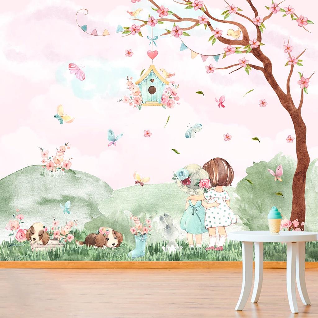 Papel de Parede Personalizado Jardim Encantado Meninas Aquarela Decoração - Home & Living