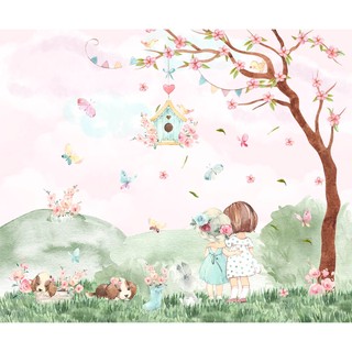 Papel de Parede Personalizado Jardim Encantado Meninas Aquarela Decoração Inove