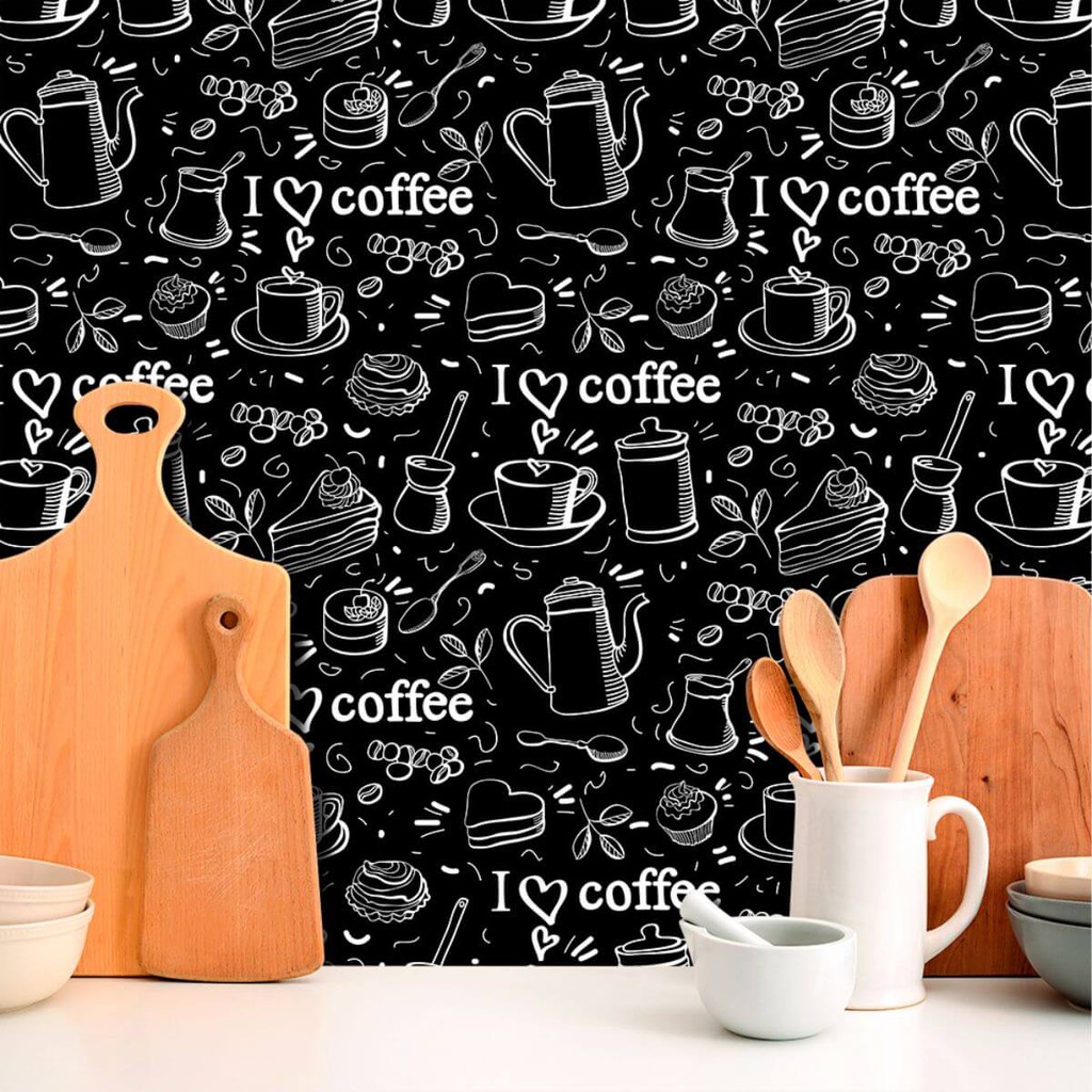Papel de Parede Para Cozinha Love Coffee Preto e Branco - Home & Living