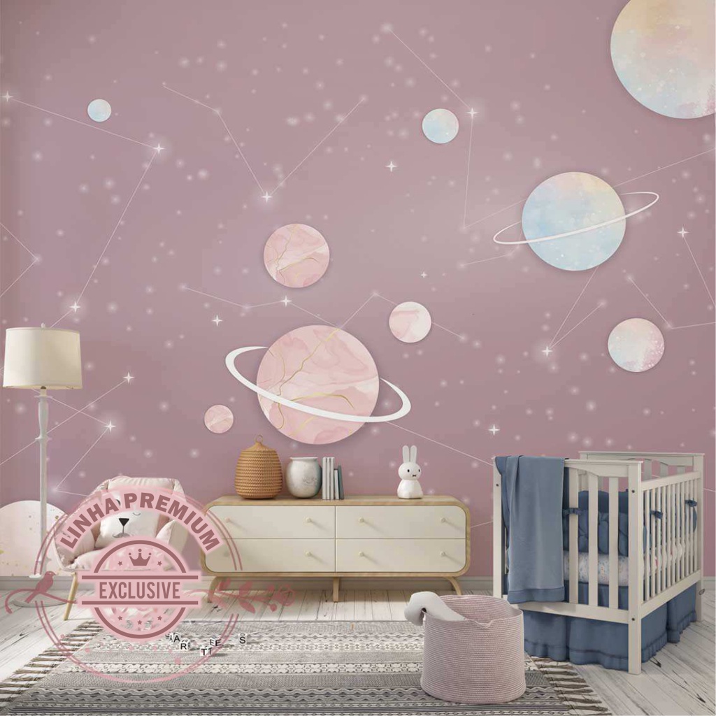 Papel de Parede Personalizado Planetas Fundo Rosa Decoração Ambiente Quarto em Oferta na Shopee