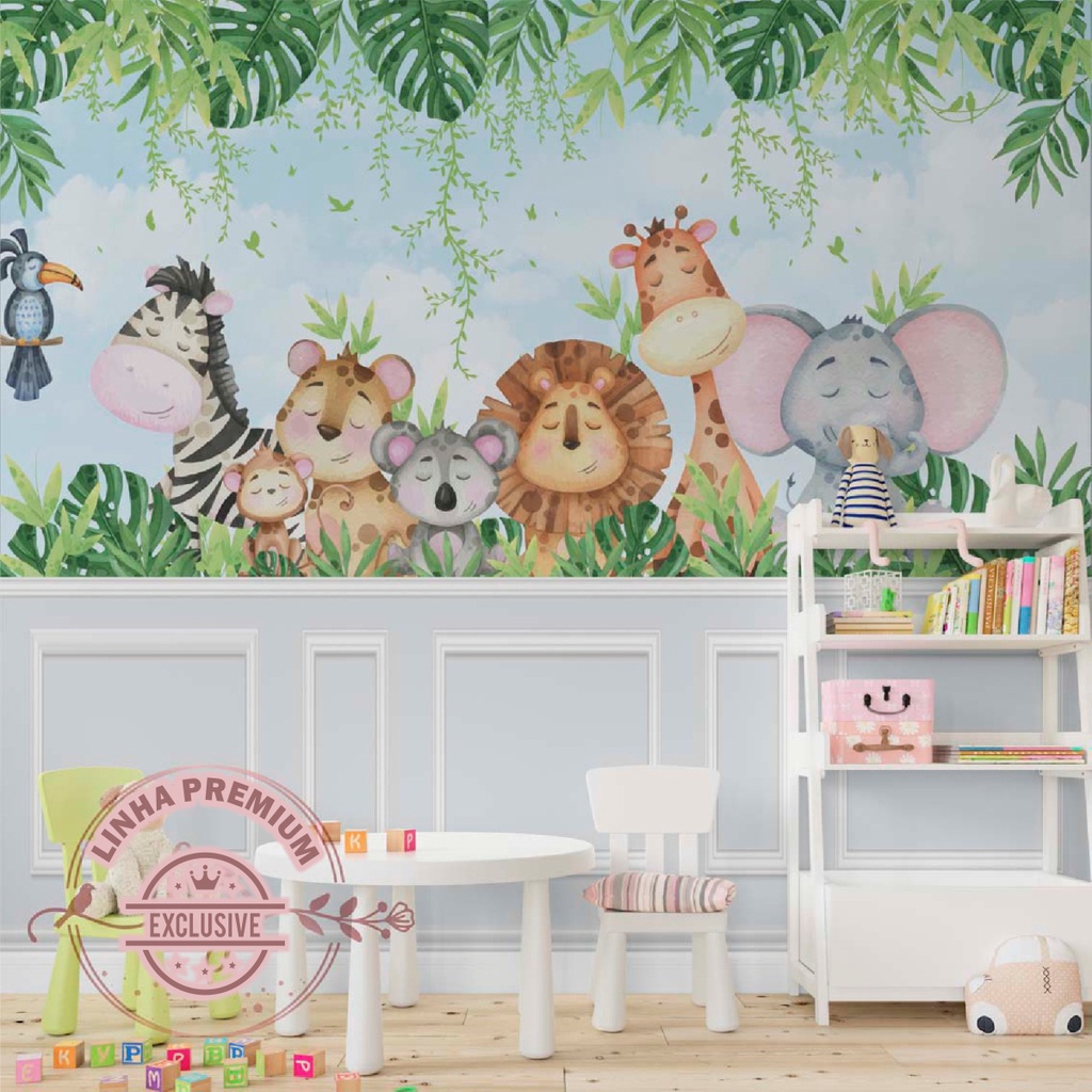 Papel De Parede Personalizado Baby Safári Na Floresta Decoração Quarto Infantil - Home & Living