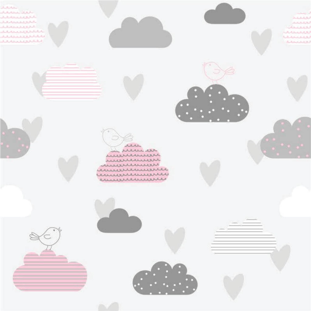 Papel De Parede Nuvens Cinza E Rosa Com Passarinhos Quarto Decoração Inove - Home & Living