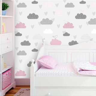 Papel De Parede Infantil Nuvens Cinza E Rosa Com Passarinhos Inove em Oferta na Shopee